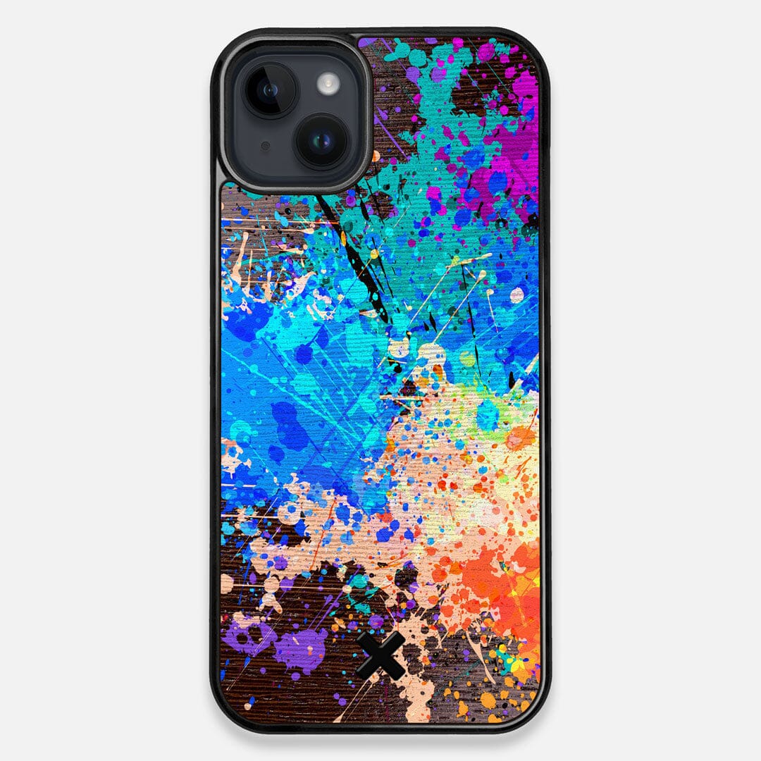 Front view of the realistic paint splatter 'Chroma' printed Wenge Wood iPhone 14 Plus MagSafe Case by Keyway Designs