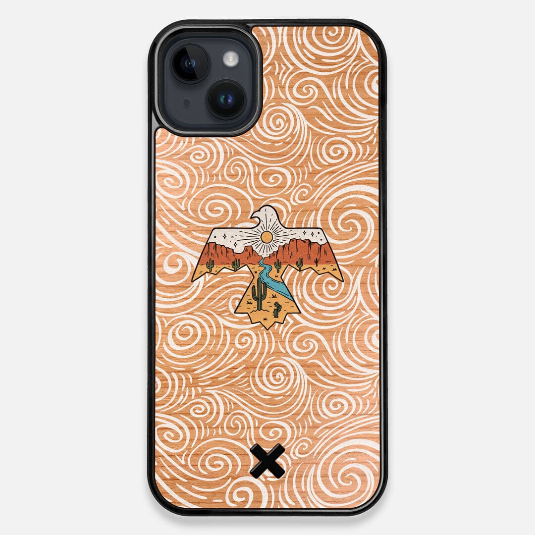 Front view of the double-exposure style eagle over flowing gusts of wind printed on Cherry wood iPhone 14 Plus MagSafe Case by Keyway Designs