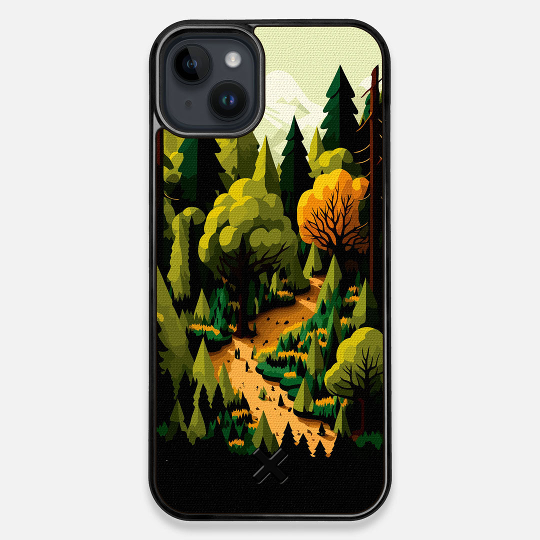 Front view of the stylized quiet forest path making it's way through the evergreen trees printed to cotton canvas iPhone 14 Plus MagSafe Case by Keyway Designs
