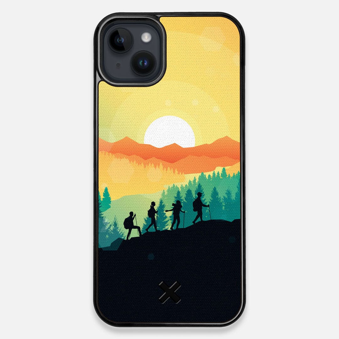 Front view of the stylized group of travellers on an expedition in the mountains printed to cotton canvas iPhone 14 Plus MagSafe Case by Keyway Designs