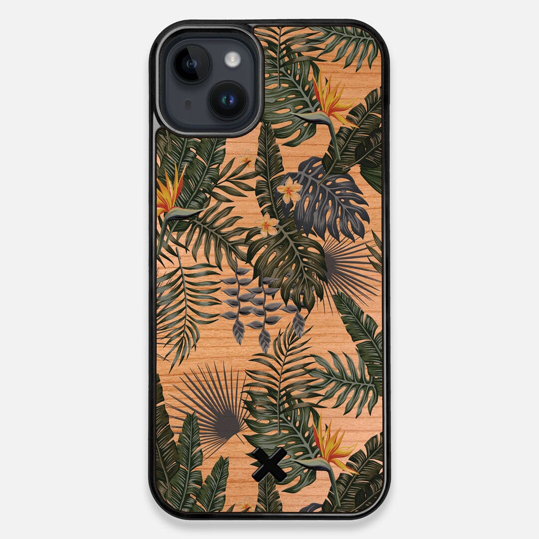 Front view of the Floral tropical leaf printed Cherry Wood iPhone 14 Plus MagSafe Case by Keyway Designs