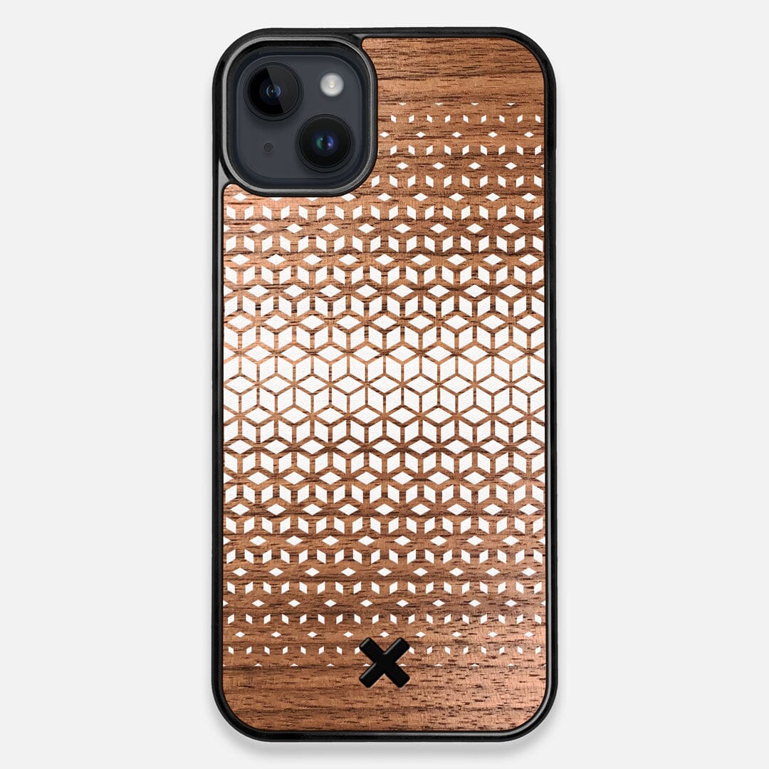 Front view of the white ink geometric gradient printed on Walnut wood iPhone 14 Plus MagSafe Case by Keyway Designs