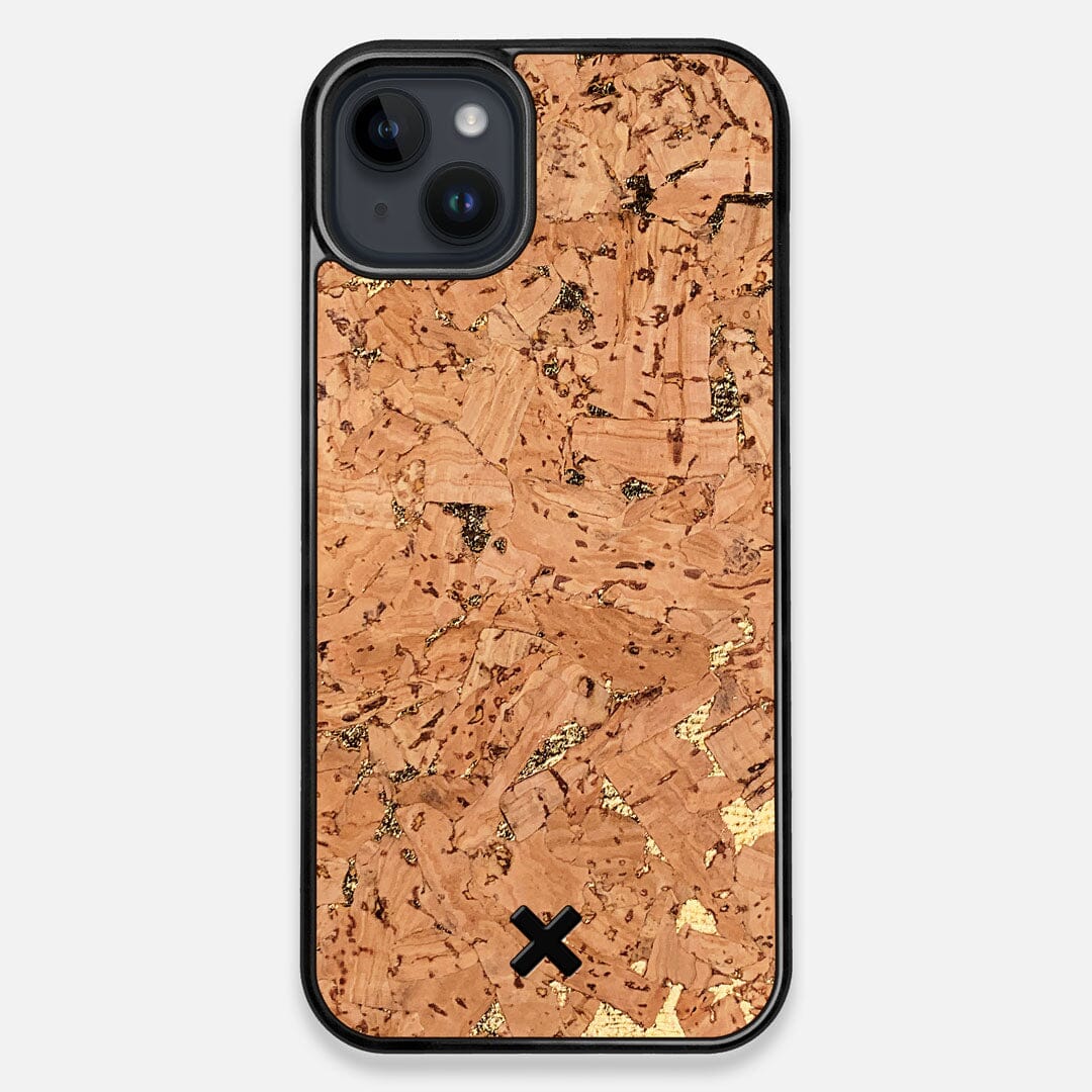 Front view of the gold fleck natural cork iPhone 15 Plus MagSafe Case by Keyway Designs