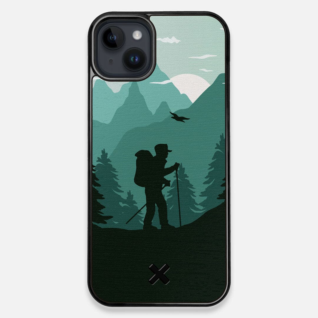 Front view of the stylized mountain hiker print on Wenge wood iPhone 14 Plus MagSafe Case by Keyway Designs