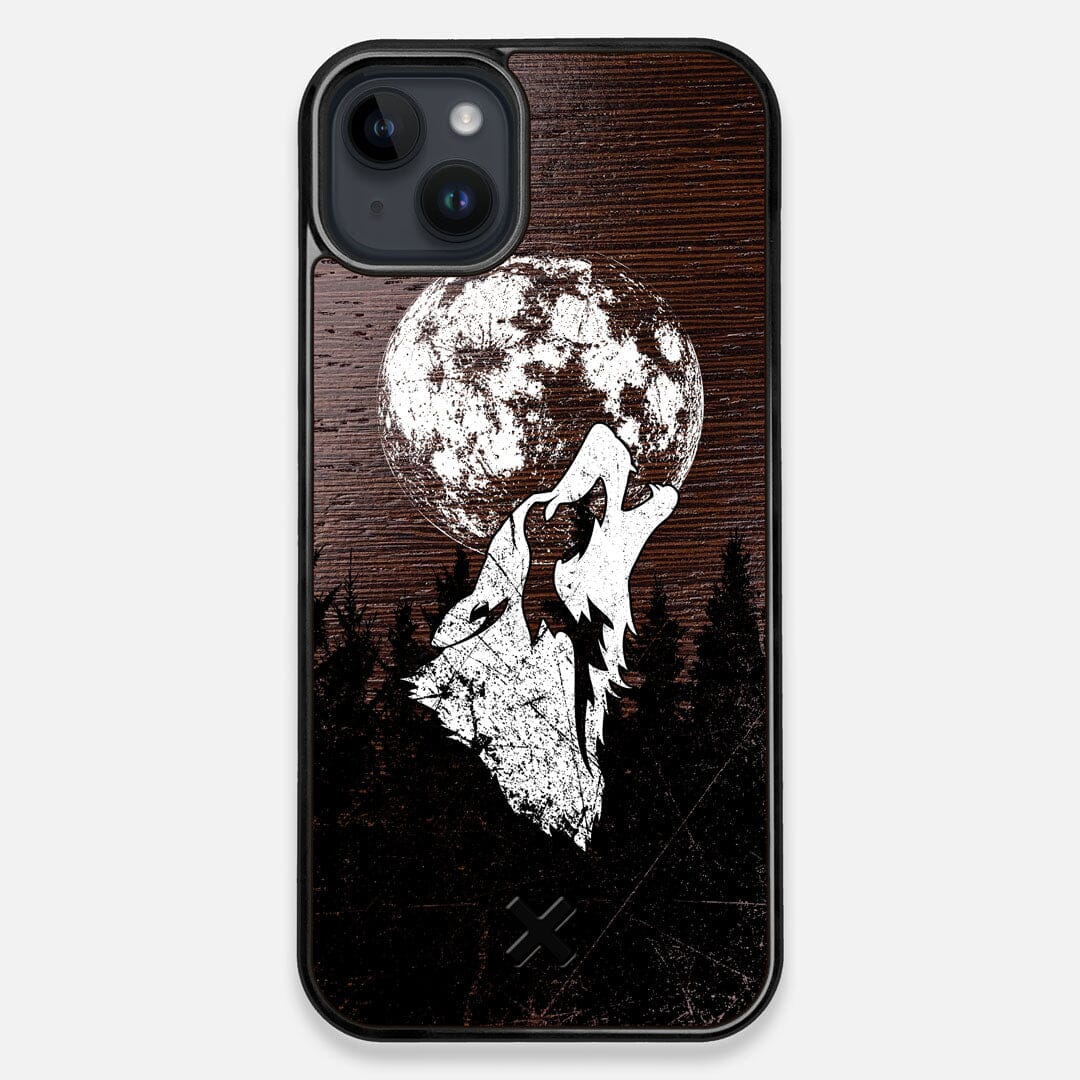 Front view of the high-contrast howling wolf on a full moon printed on a Wenge Wood iPhone 14 Plus MagSafe Case by Keyway Designs