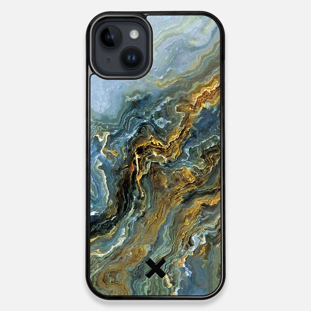 Front view of the vibrant and rich Blue & Gold flowing marble pattern printed Wenge Wood iPhone 14 Plus MagSafe Case by Keyway Designs