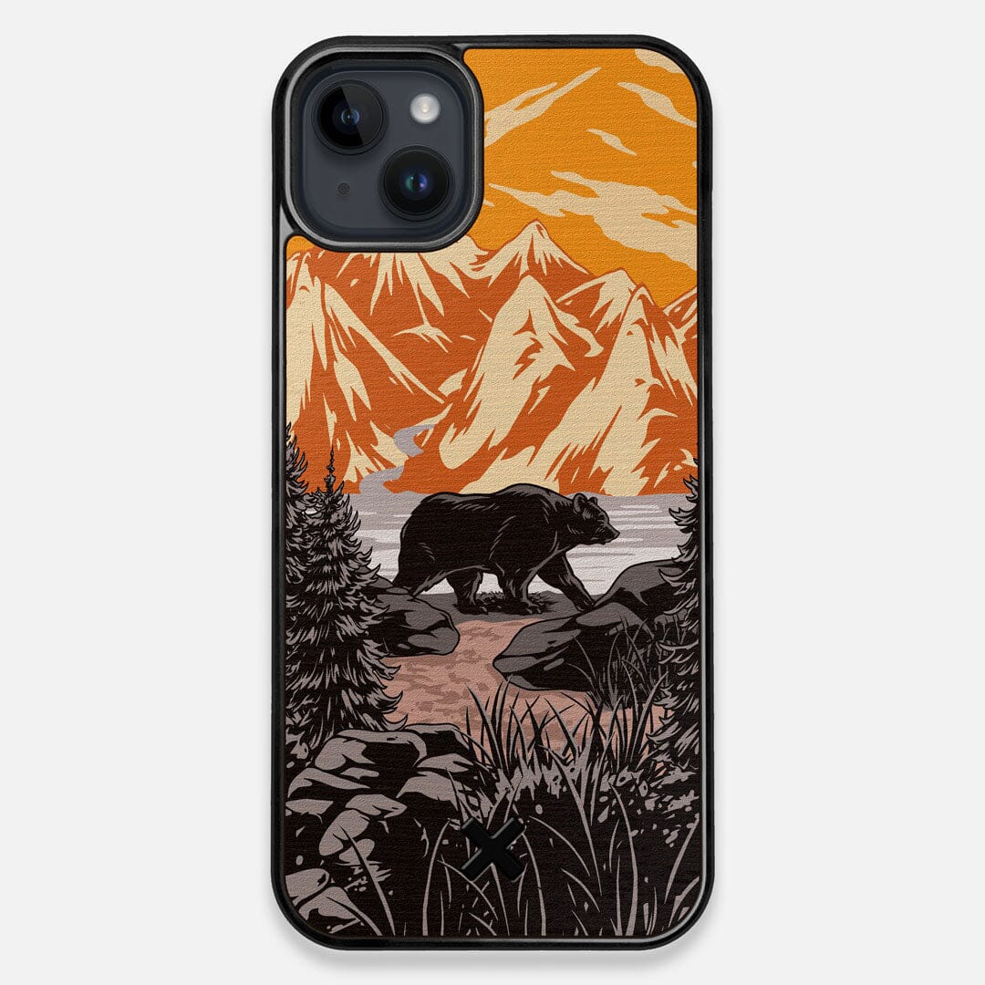Front view of the stylized Kodiak bear in the mountains print on Wenge wood iPhone 14 Plus MagSafe Case by Keyway Designs
