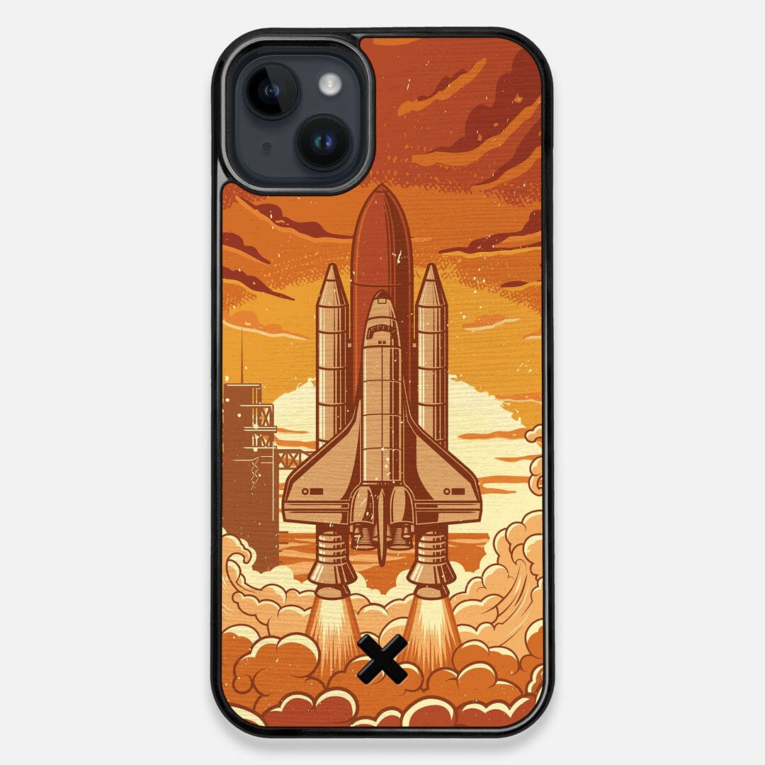 Front view of the vibrant stylized space shuttle launch print on Wenge wood iPhone 14 Plus MagSafe Case by Keyway Designs
