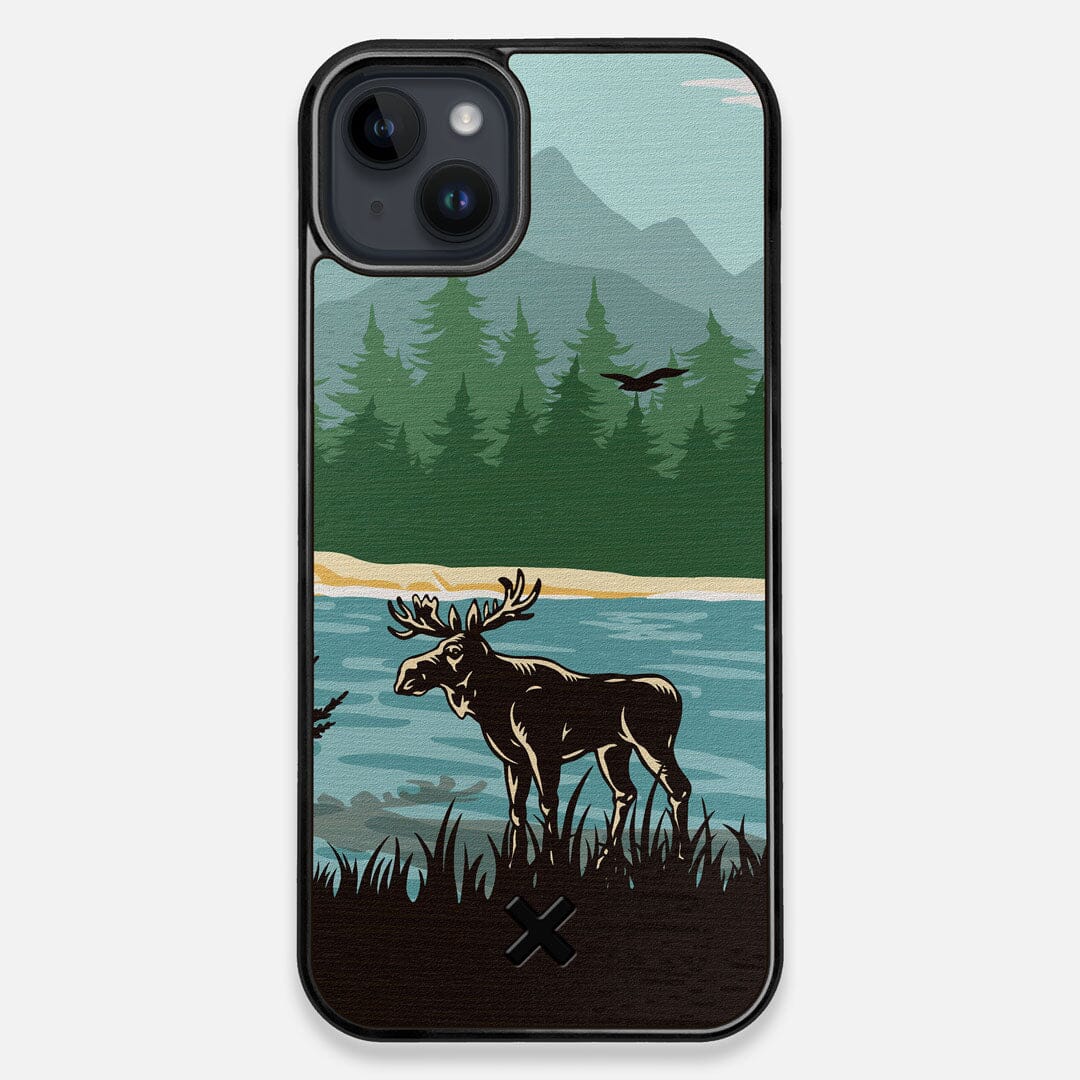 Front view of the stylized bull moose forest print on Wenge wood iPhone 14 Plus MagSafe Case by Keyway Designs