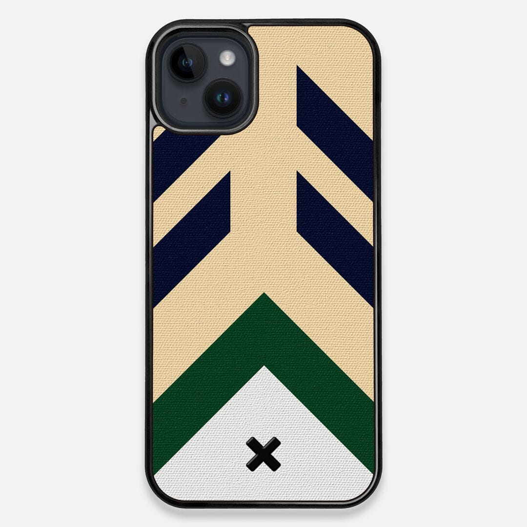 Front view of the Passage Adventure Marker in the Wayfinder series UV-Printed thick cotton canvas iPhone 15 Plus MagSafe Case by Keyway Designs