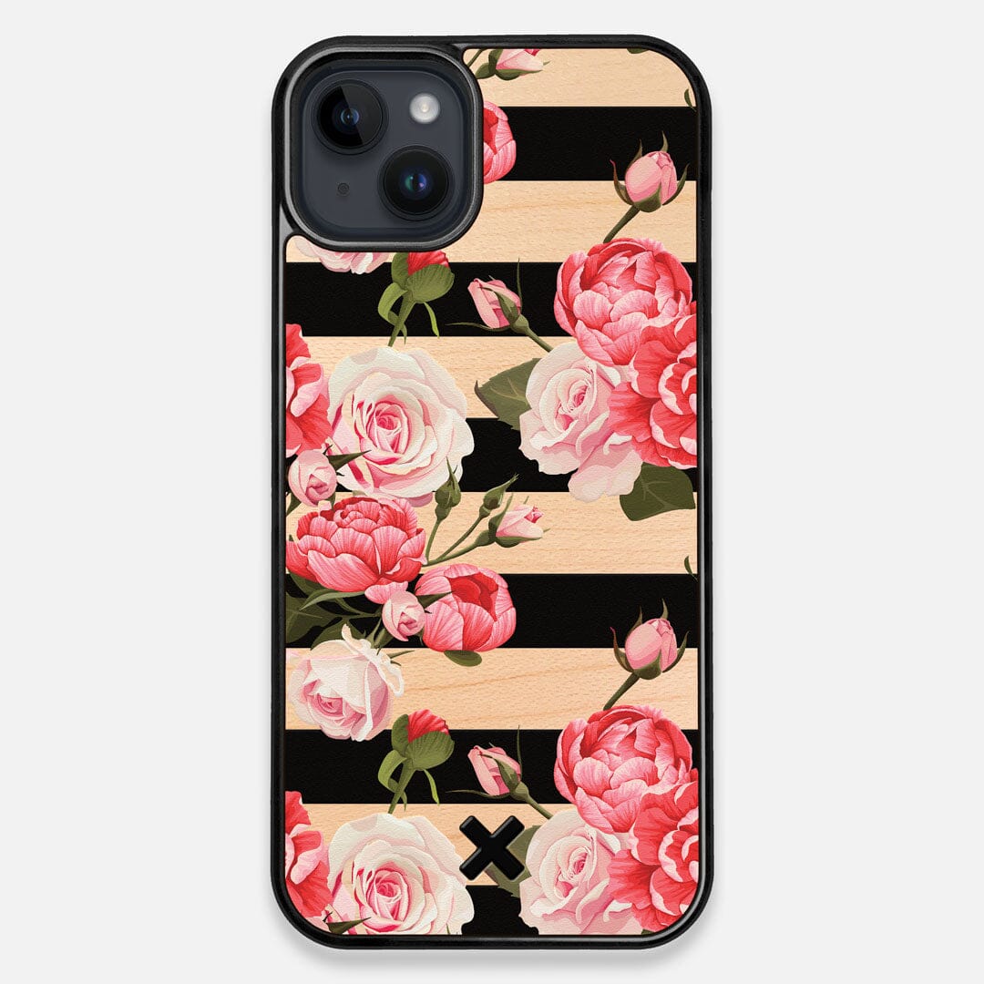 Front view of the artsy print of stripes with peonys and roses on Maple wood iPhone 14 Plus MagSafe Case by Keyway Designs