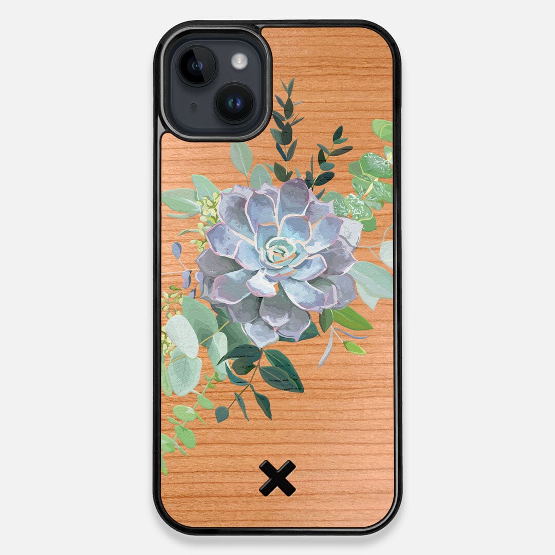 Front view of the print centering around a succulent, Echeveria Pollux on Cherry wood iPhone 14 Plus MagSafe Case by Keyway Designs