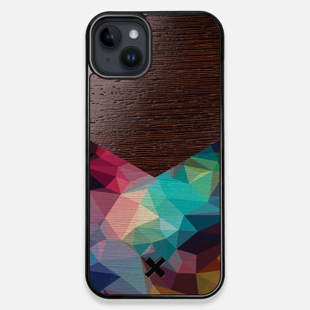 Front view of the vibrant Geometric Gradient printed Wenge Wood iPhone 14 Plus MagSafe Case by Keyway Designs