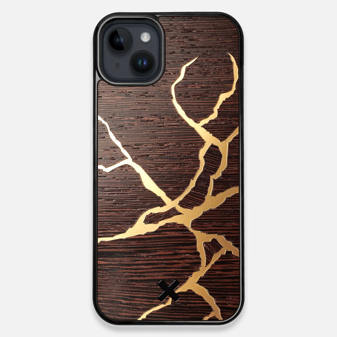 Front view of the Kintsugi inspired Gold and Wenge Wood iPhone 15 Plus MagSafe Case by Keyway Designs