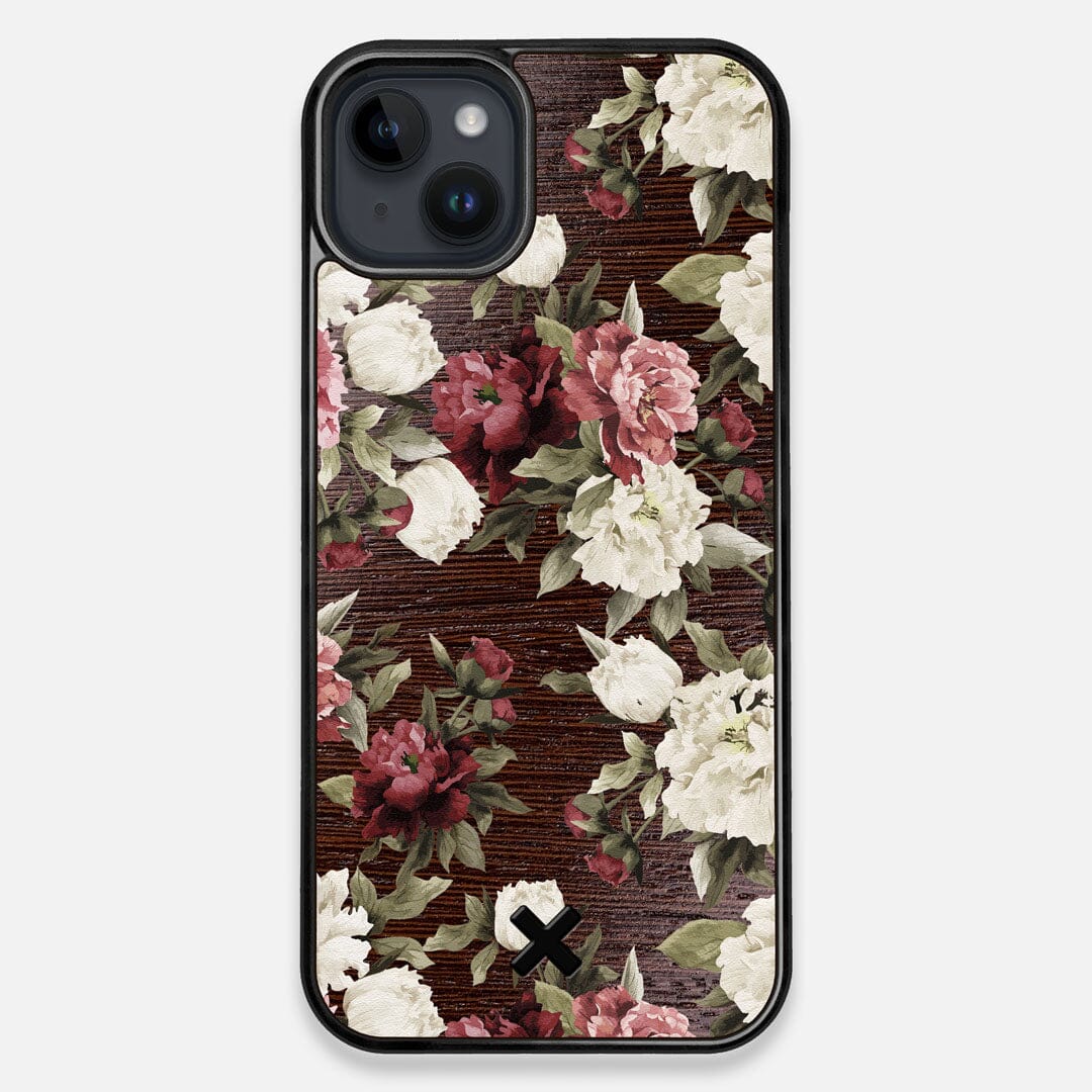 Front view of the Rose white and red rose printed Wenge Wood iPhone 15 Plus MagSafe Case by Keyway Designs