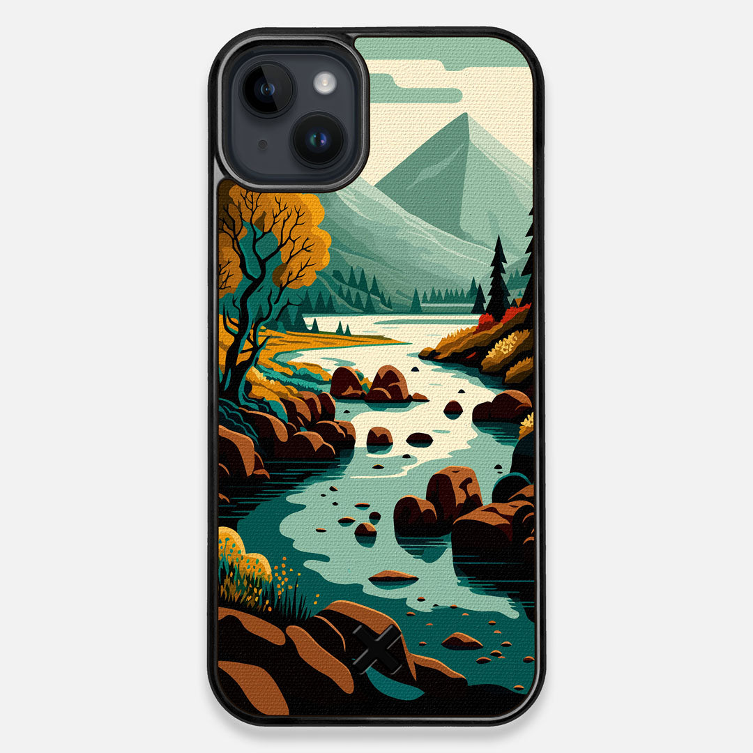 Front view of the stylized calm river flowing towards a lake at the base of the mountains printed to cotton canvas iPhone 14 Plus MagSafe Case by Keyway Designs