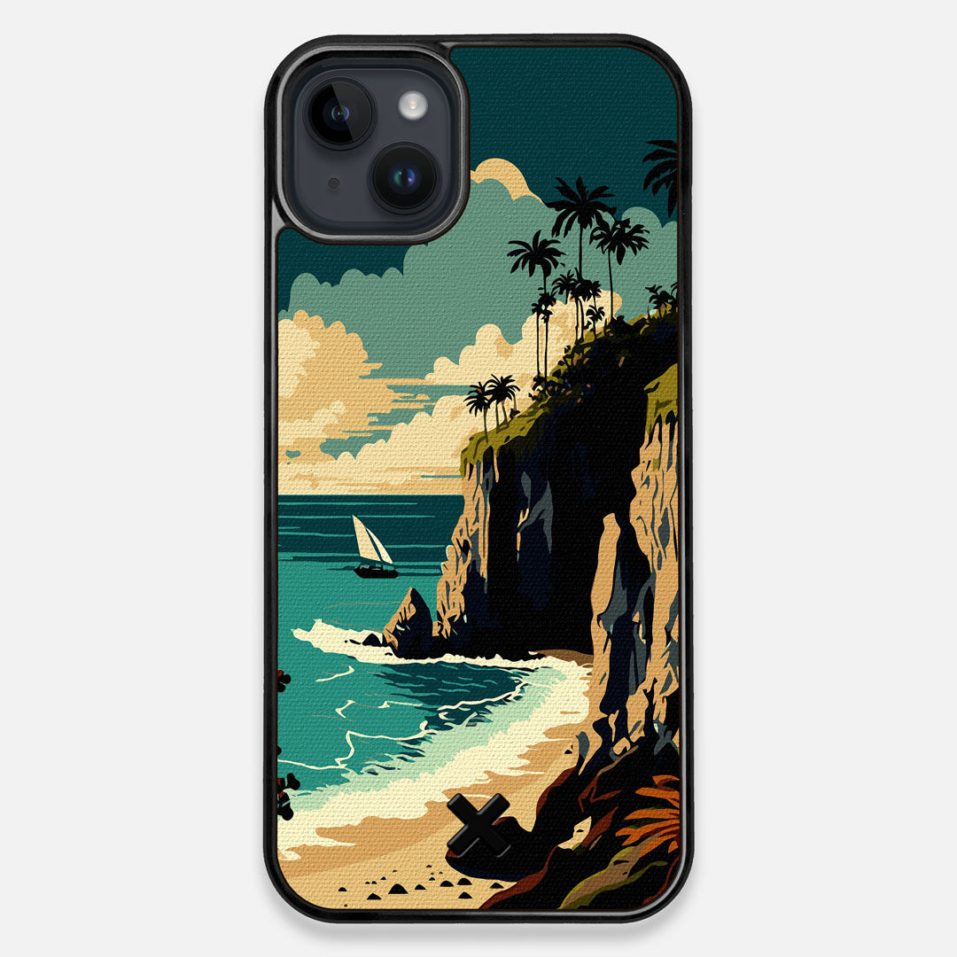 Front view of the stylized seaside bluff with the ocean waves crashing on the shore printed on cotton canvas iPhone 14 Plus MagSafe Case by Keyway Designs