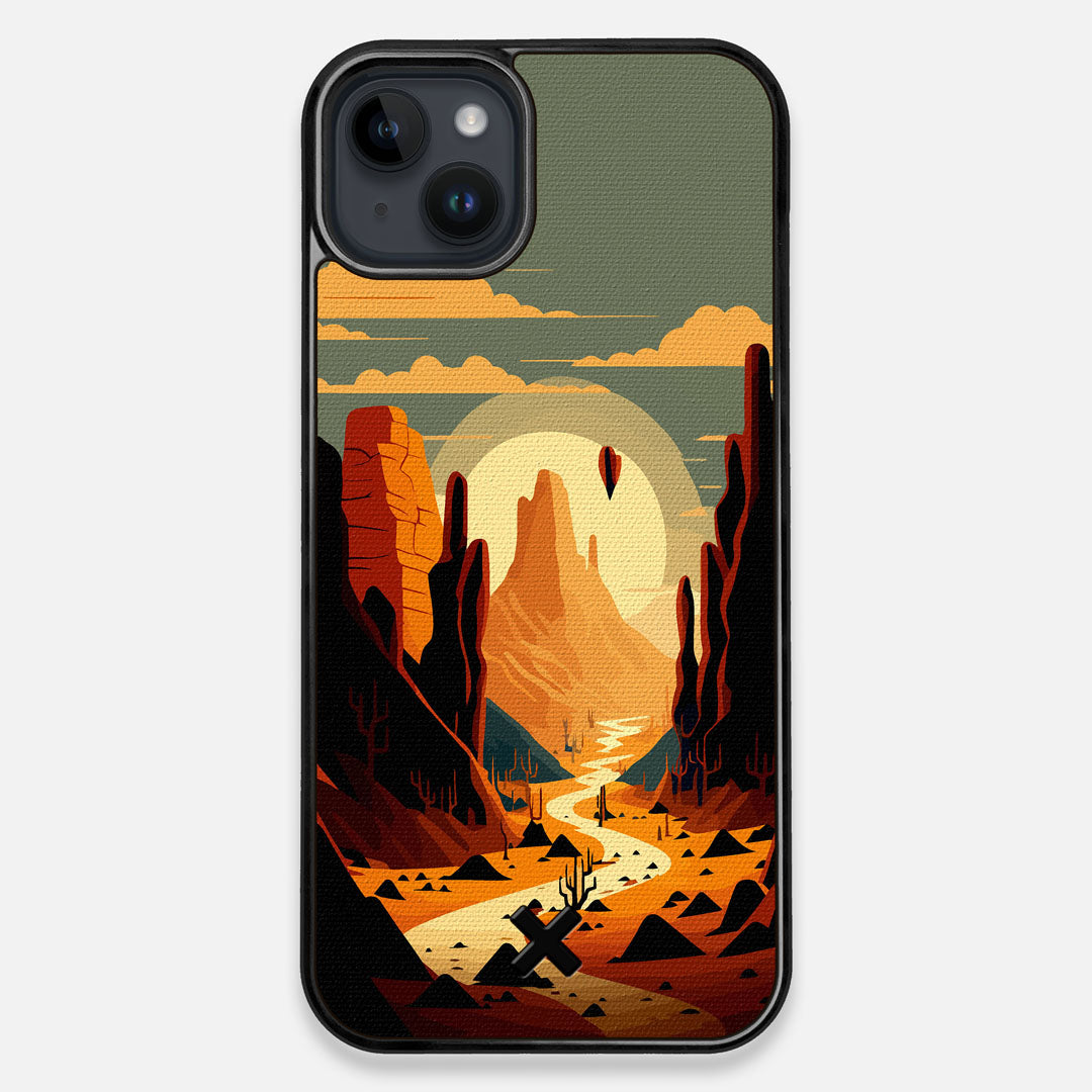 Front view of the stylized thin river cutting deep through a canyon sunset printed on cotton canvas iPhone 14 Plus MagSafe Case by Keyway Designs