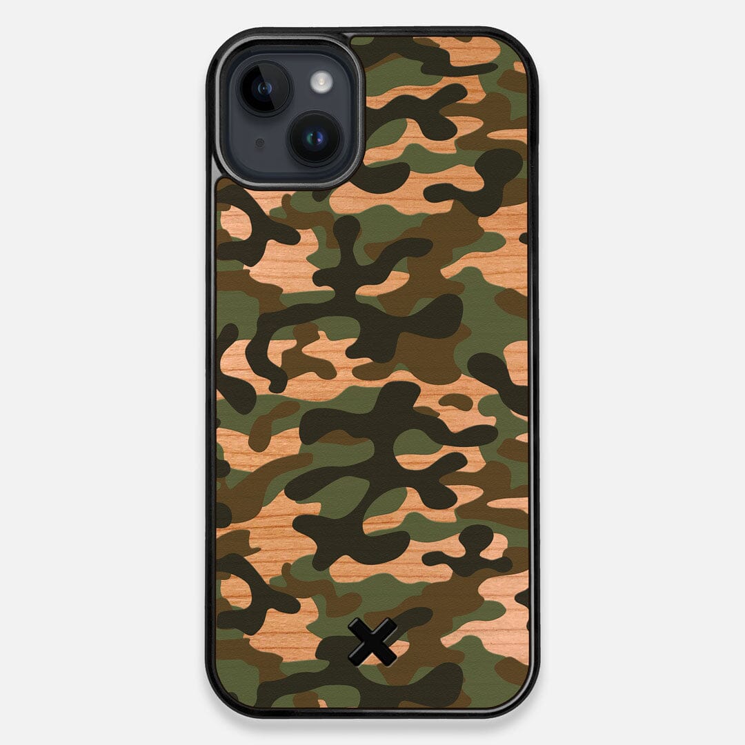Front view of the stealth Paratrooper camo printed Wenge Wood iPhone 15 Plus MagSafe Case by Keyway Designs