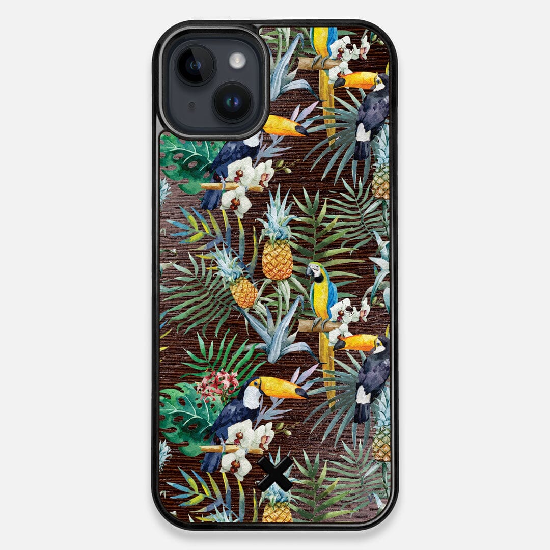 Front view of the Tropic Toucan and leaf printed Wenge Wood iPhone 14 Plus MagSafe Case by Keyway Designs