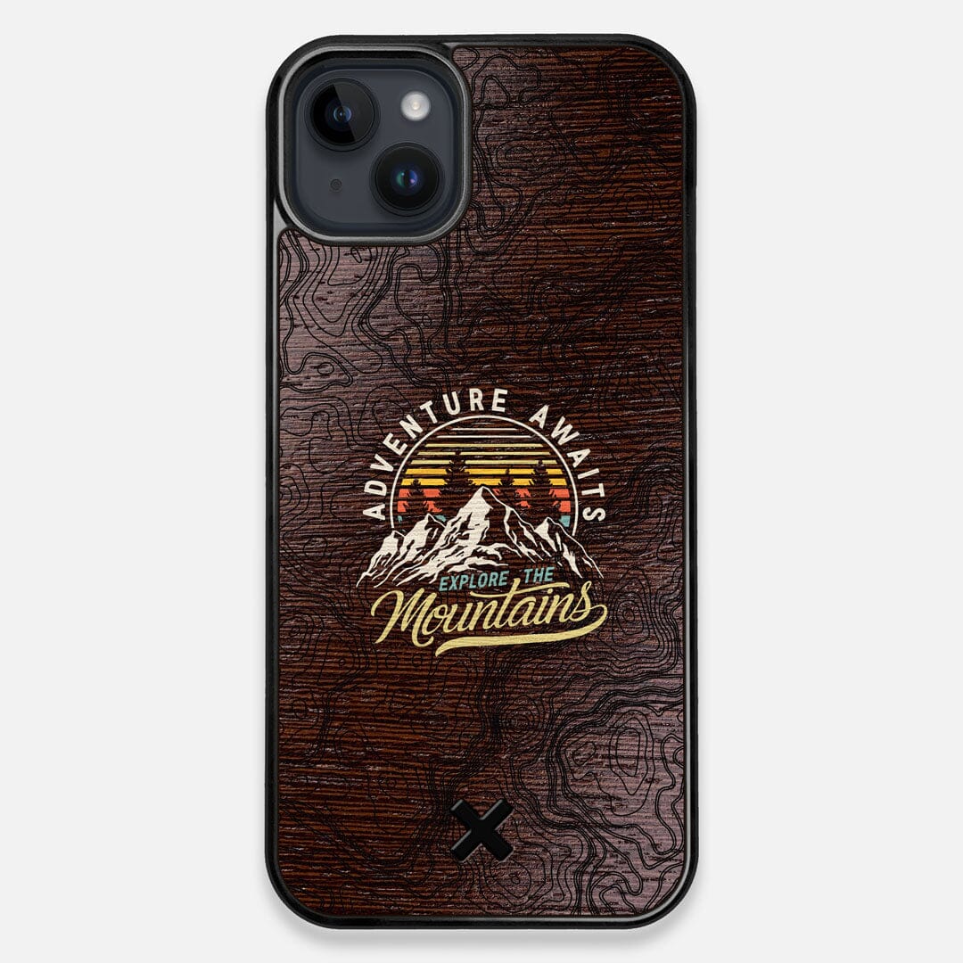 Front view of the crisp topographical map with Explorer badge printed on matte black impact acrylic iPhone 15 Plus MagSafe Case by Keyway Designs