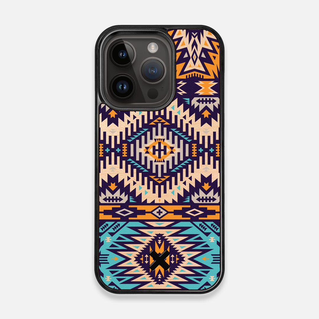 Front view of the vibrant Aztec printed Maple Wood iPhone 14 Pro MagSafe Case by Keyway Designs