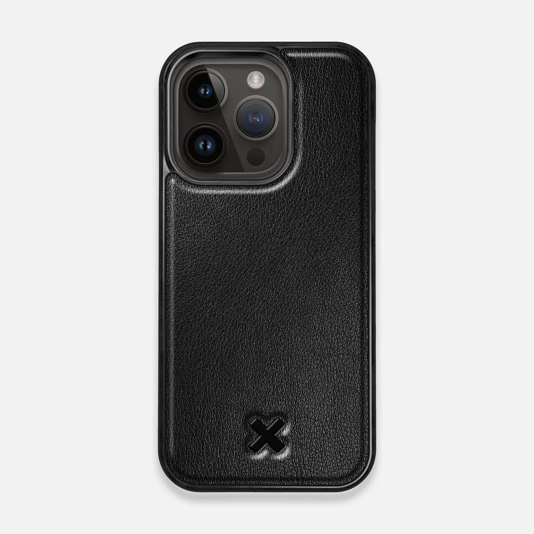 Front view of the Blank Black Leather iPhone 14 Pro MagSafe Case by Keyway Designs