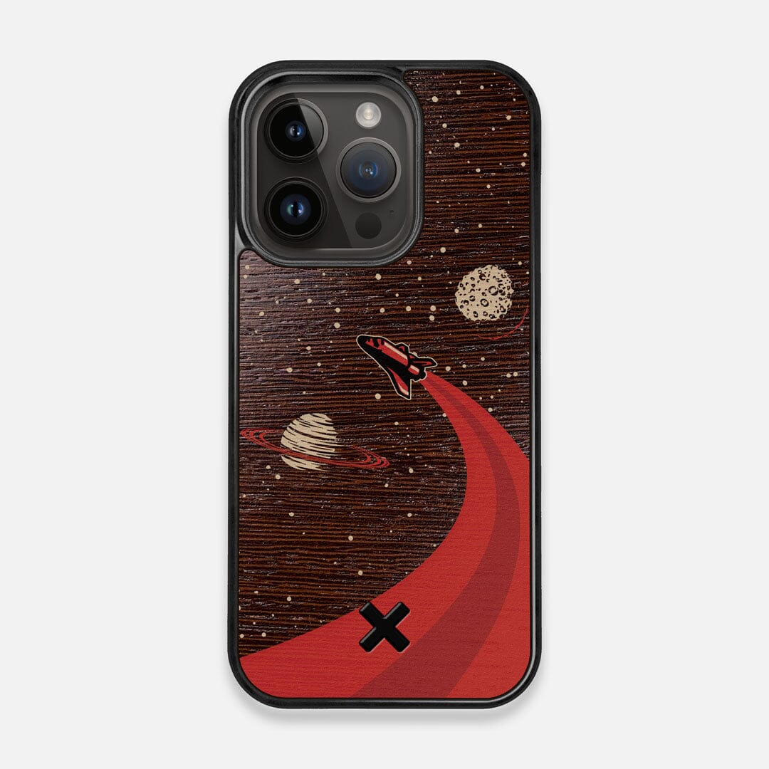 Front view of the stylized space shuttle boosting to saturn printed on Wenge wood iPhone 14 Pro MagSafe Case by Keyway Designs