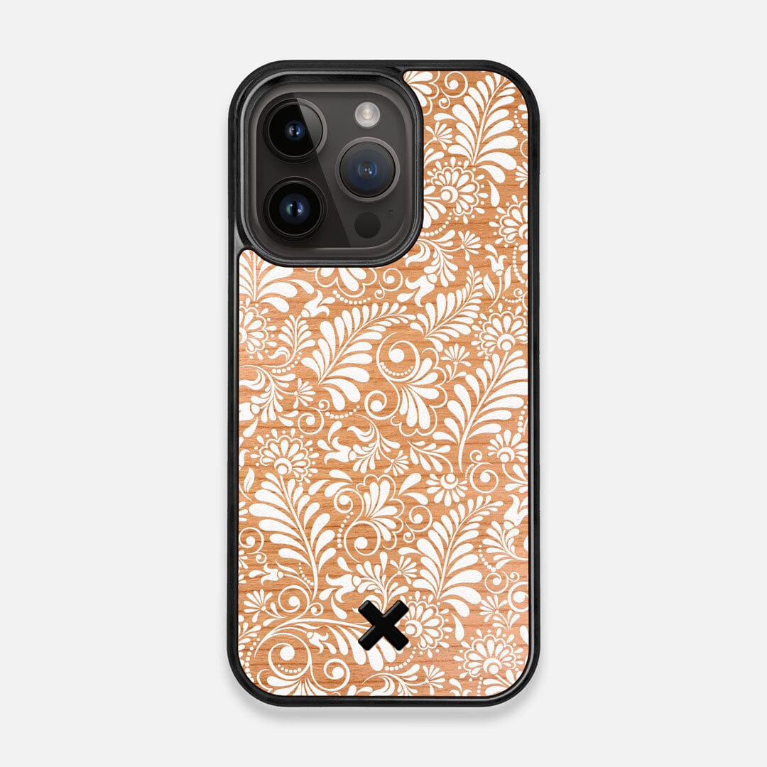 Front view of the white ink flowing botanical print on Cherry wood iPhone 15 Pro MagSafe Case by Keyway Designs