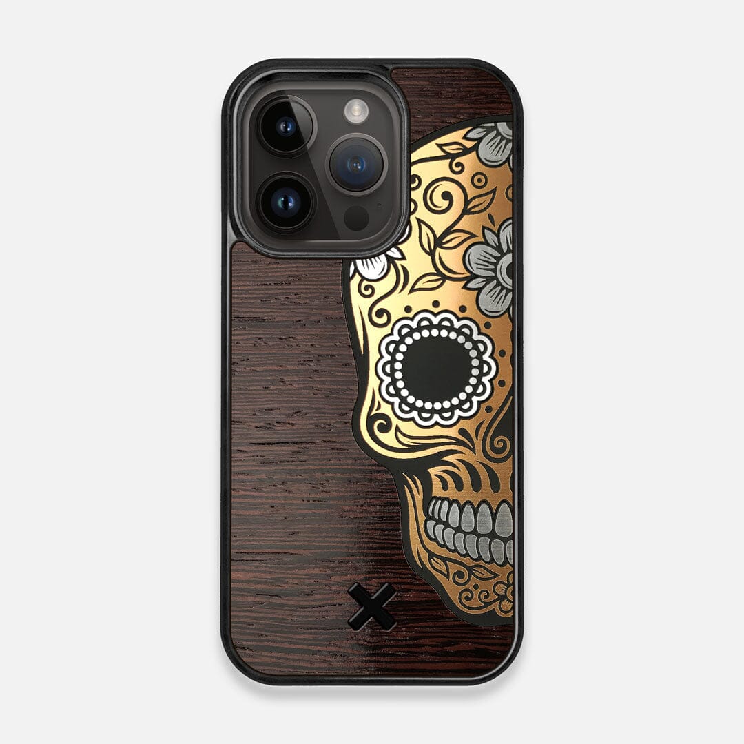 Front view of the Calavera Wood Sugar Skull Wood iPhone 14 Pro MagSafe Case by Keyway Designs