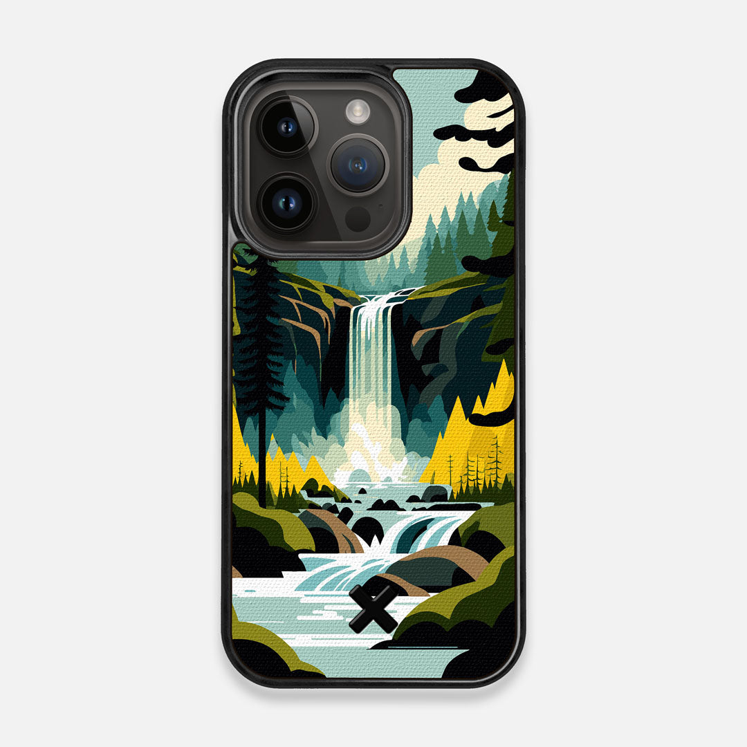 Front view of the stylized peaceful forest waterfall making it's way through the rocks printed to cotton canvas iPhone 14 Pro MagSafe Case by Keyway Designs