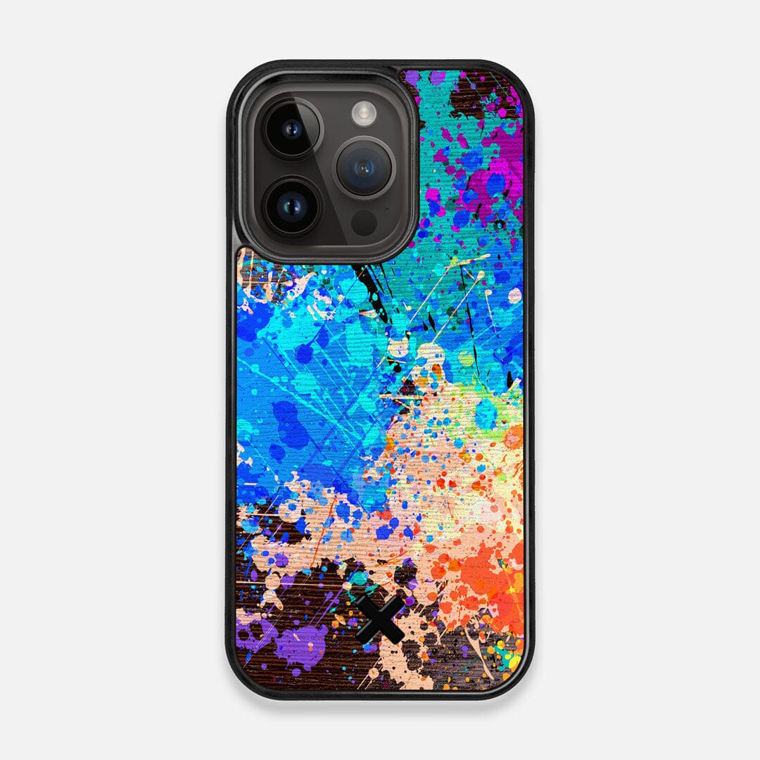 Front view of the realistic paint splatter 'Chroma' printed Wenge Wood iPhone 14 Pro MagSafe Case by Keyway Designs