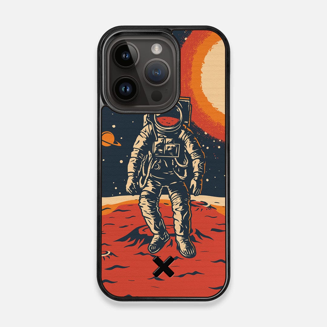 Front view of the stylized astronaut space-walk print on Cherry wood iPhone 14 Pro MagSafe Case by Keyway Designs