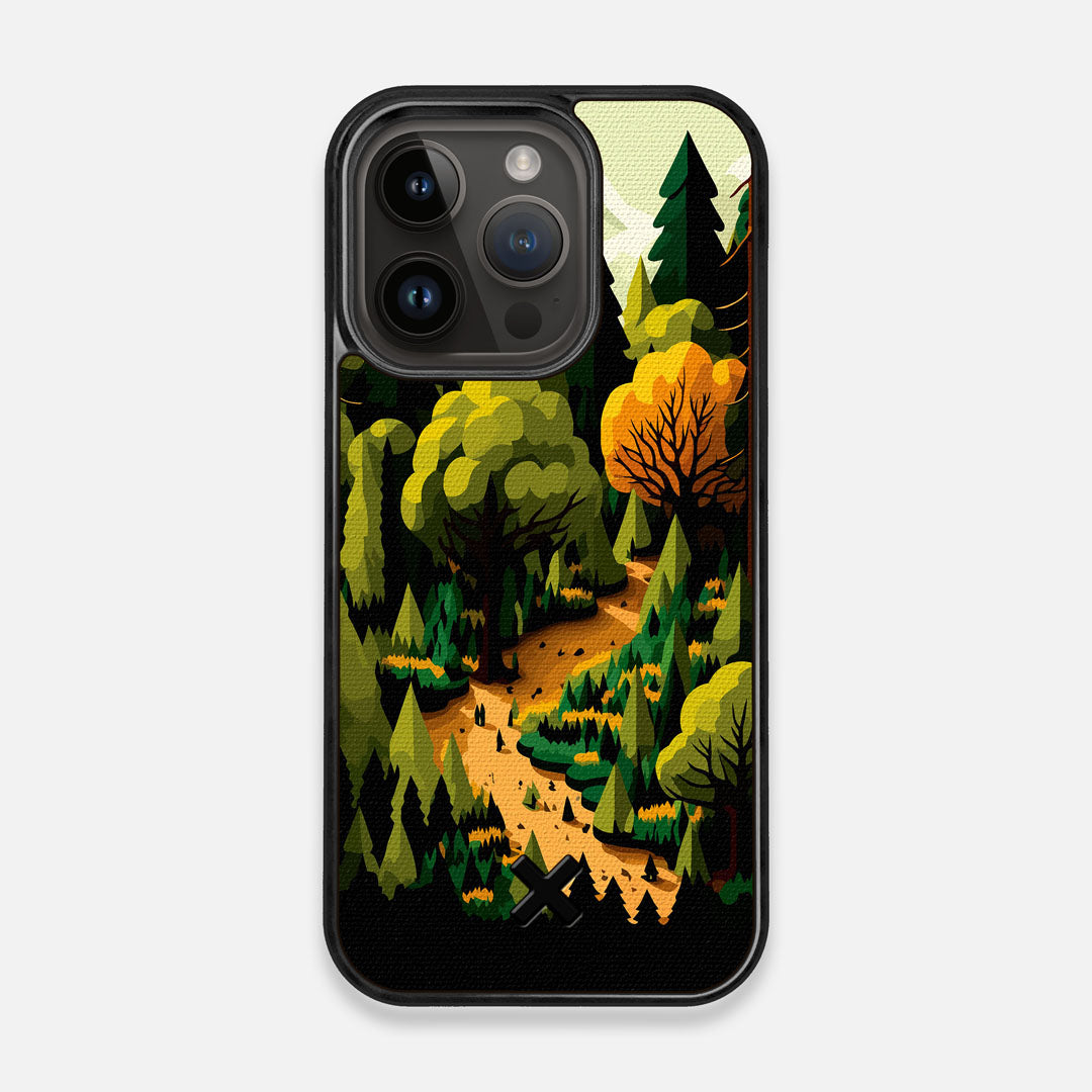 Front view of the stylized quiet forest path making it's way through the evergreen trees printed to cotton canvas iPhone 14 Pro MagSafe Case by Keyway Designs
