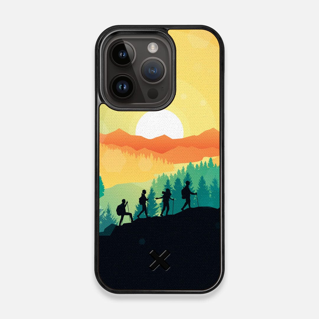 Front view of the stylized group of travellers on an expedition in the mountains printed to cotton canvas iPhone 15 Pro MagSafe Case by Keyway Designs