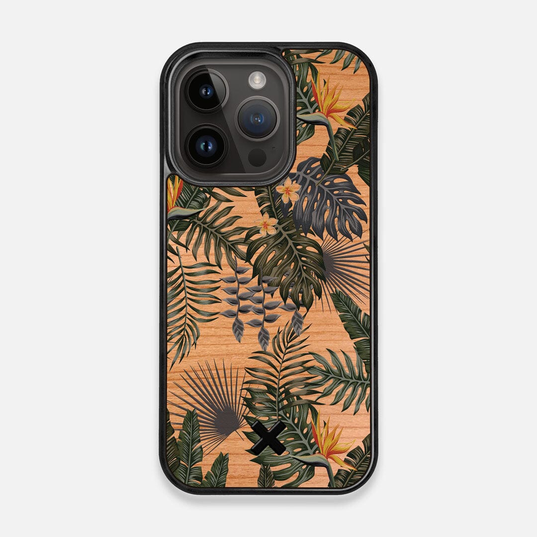 Front view of the Floral tropical leaf printed Cherry Wood iPhone 14 Pro MagSafe Case by Keyway Designs