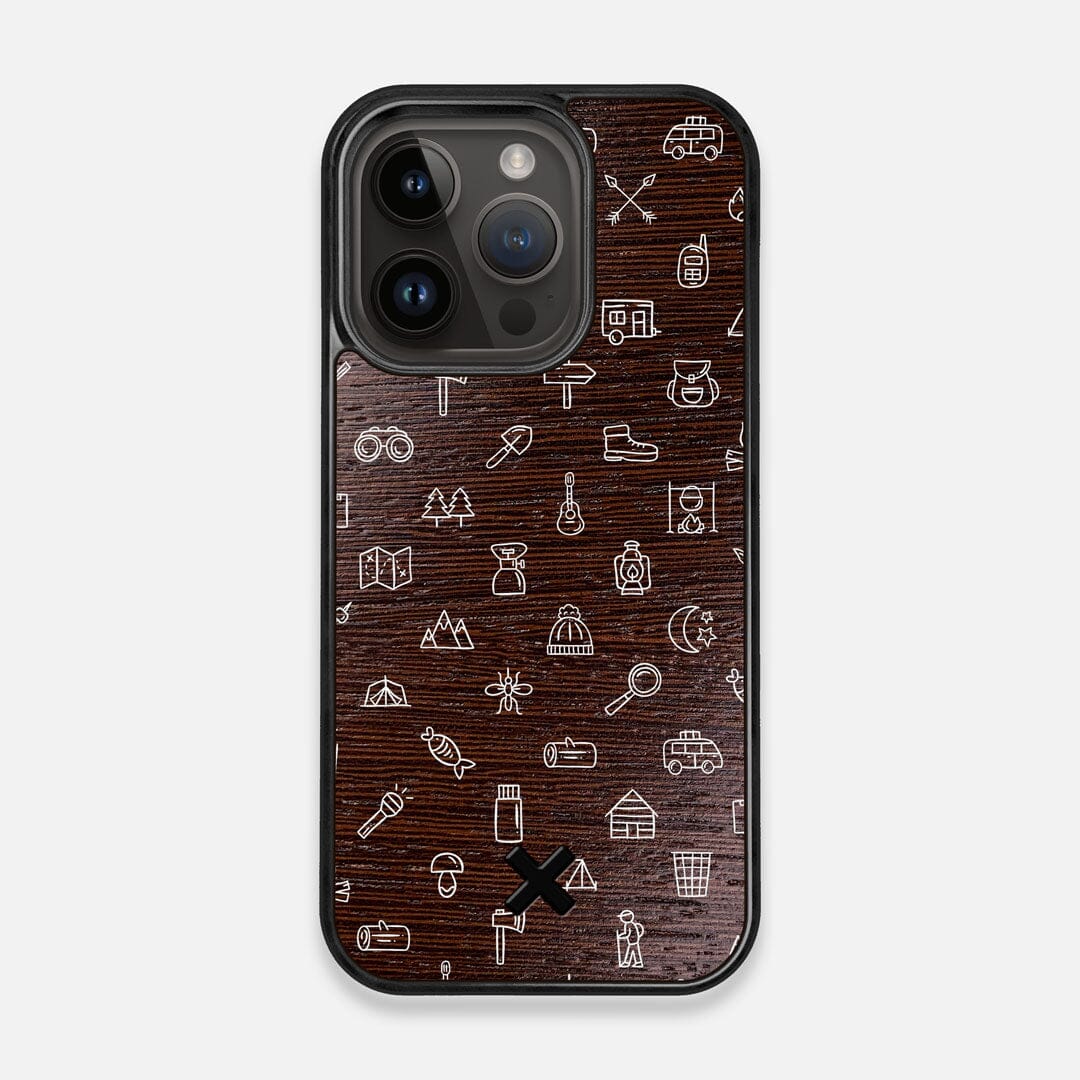 Front view of the fun detailed camping icon print on Wenge wood iPhone 14 Pro MagSafe Case by Keyway Designs