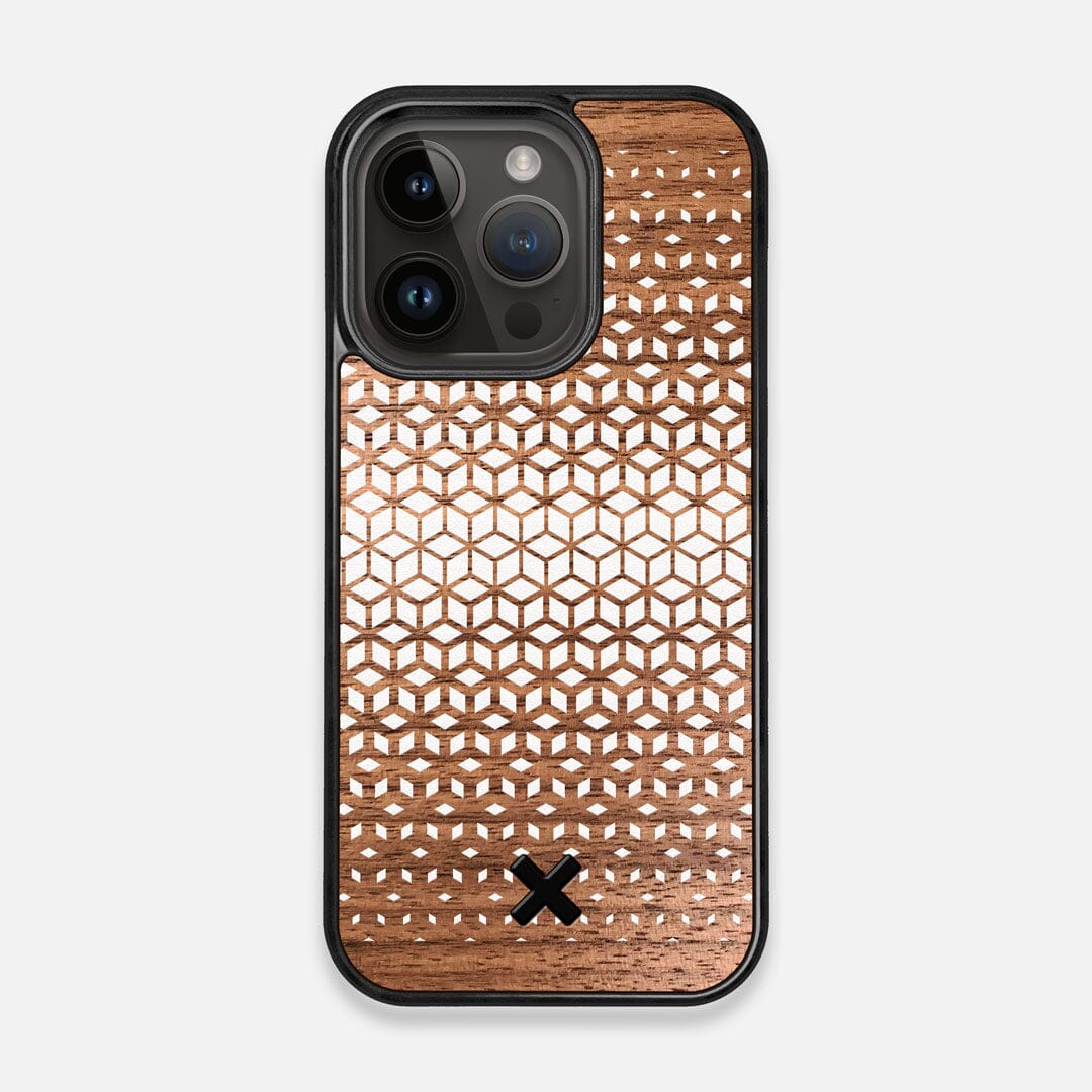 Front view of the white ink geometric gradient printed on Walnut wood iPhone 14 Pro MagSafe Case by Keyway Designs