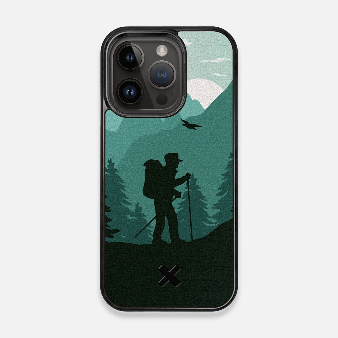 Front view of the stylized mountain hiker print on Wenge wood iPhone 14 Pro MagSafe Case by Keyway Designs