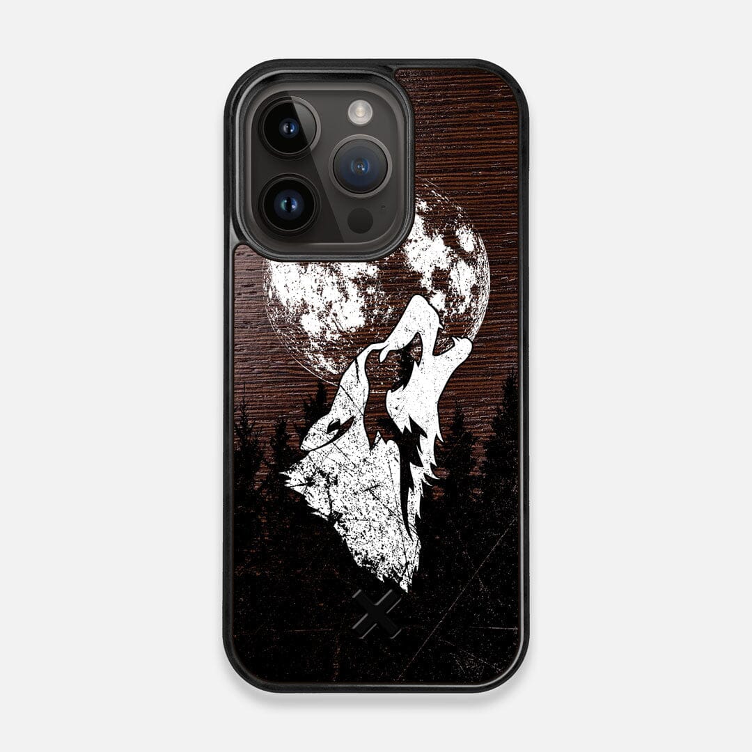 Front view of the high-contrast howling wolf on a full moon printed on a Wenge Wood iPhone 14 Pro MagSafe Case by Keyway Designs