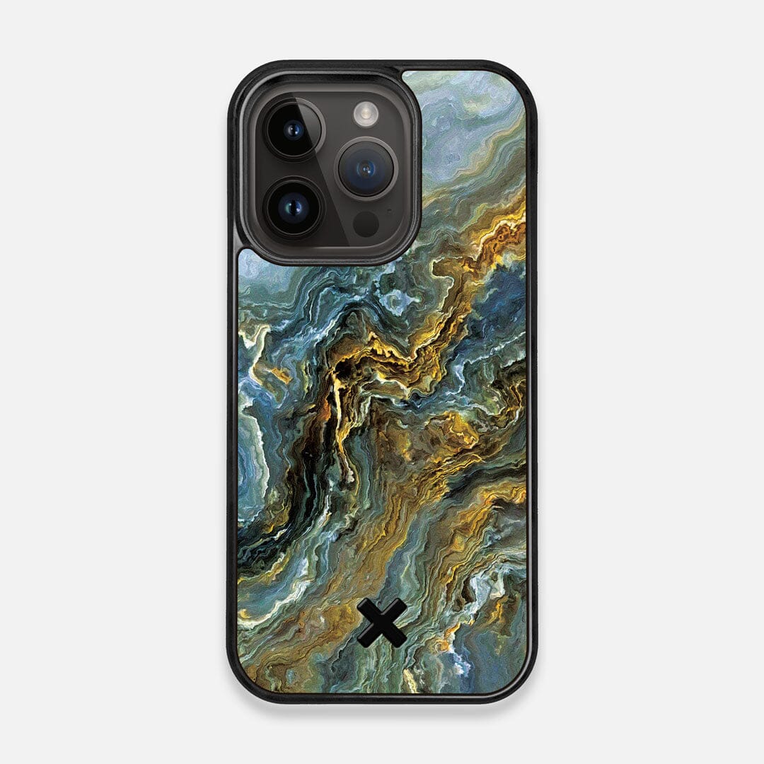 Front view of the vibrant and rich Blue & Gold flowing marble pattern printed Wenge Wood iPhone 14 Pro MagSafe Case by Keyway Designs