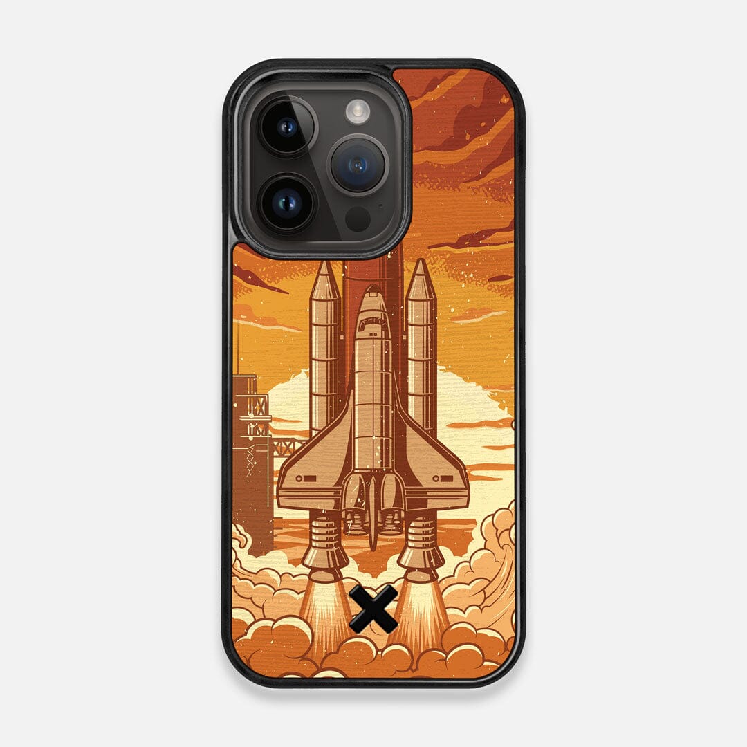 Front view of the vibrant stylized space shuttle launch print on Wenge wood iPhone 14 Pro MagSafe Case by Keyway Designs