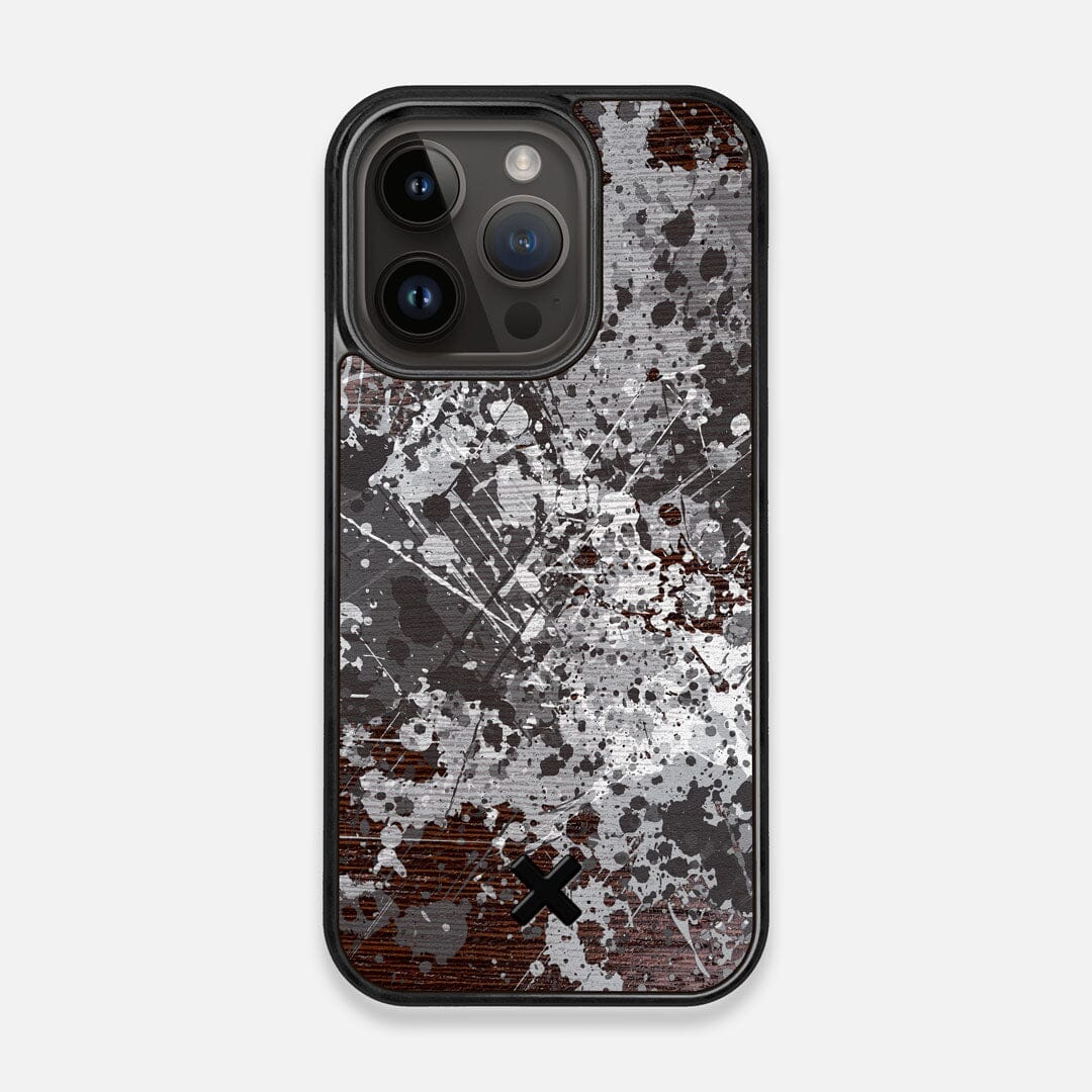 Front view of the aggressive, monochromatic splatter pattern overprintedprinted Wenge Wood iPhone 14 Pro MagSafe Case by Keyway Designs