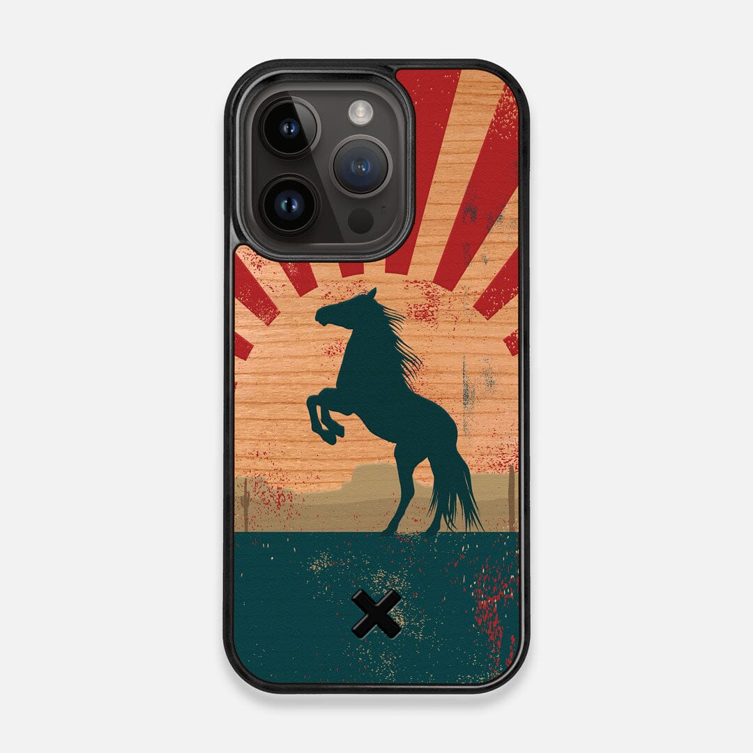 Front view of the epic mustang rearing up printed on Cherry wood iPhone 14 Pro MagSafe Case by Keyway Designs