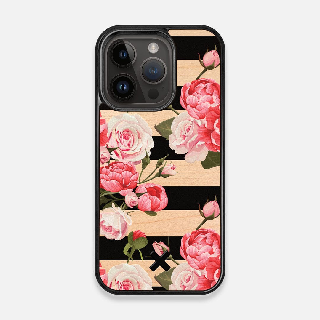Front view of the artsy print of stripes with peonys and roses on Maple wood iPhone 14 Pro MagSafe Case by Keyway Designs