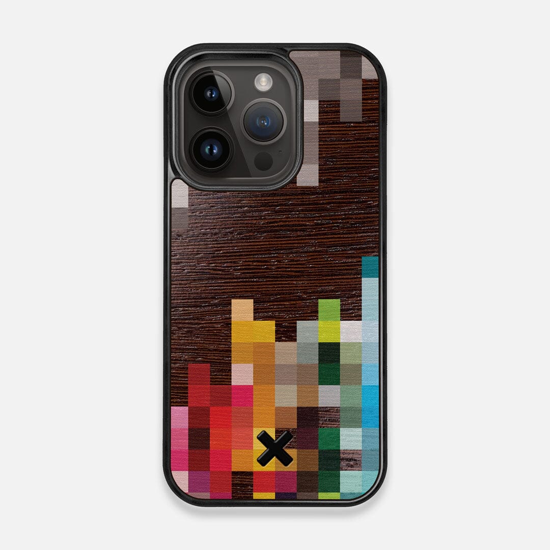 Front view of the digital art inspired pixelation design on Wenge wood iPhone 14 Pro MagSafe Case by Keyway Designs