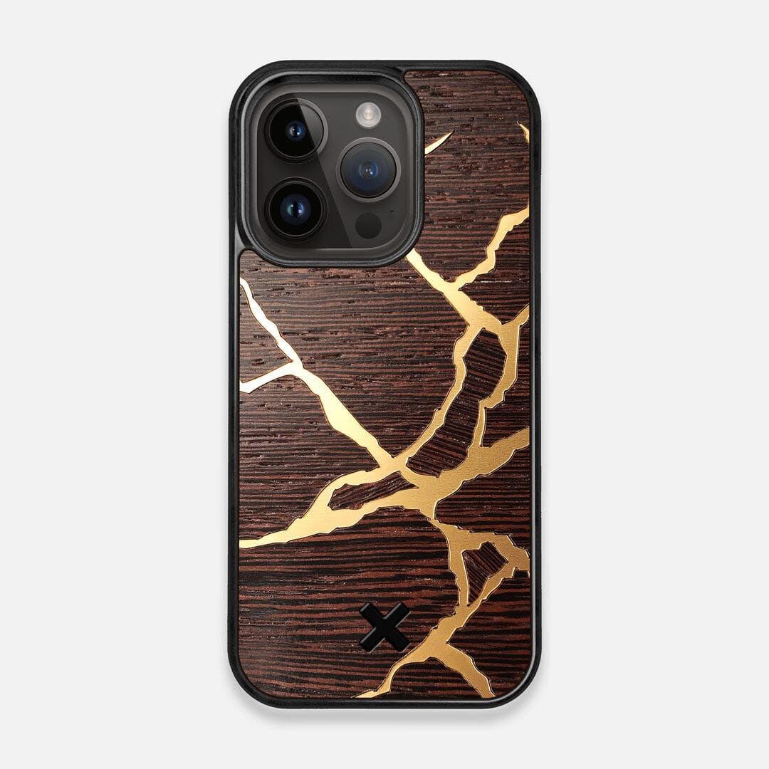 Front view of the Kintsugi inspired Gold and Wenge Wood iPhone 14 Pro MagSafe Case by Keyway Designs