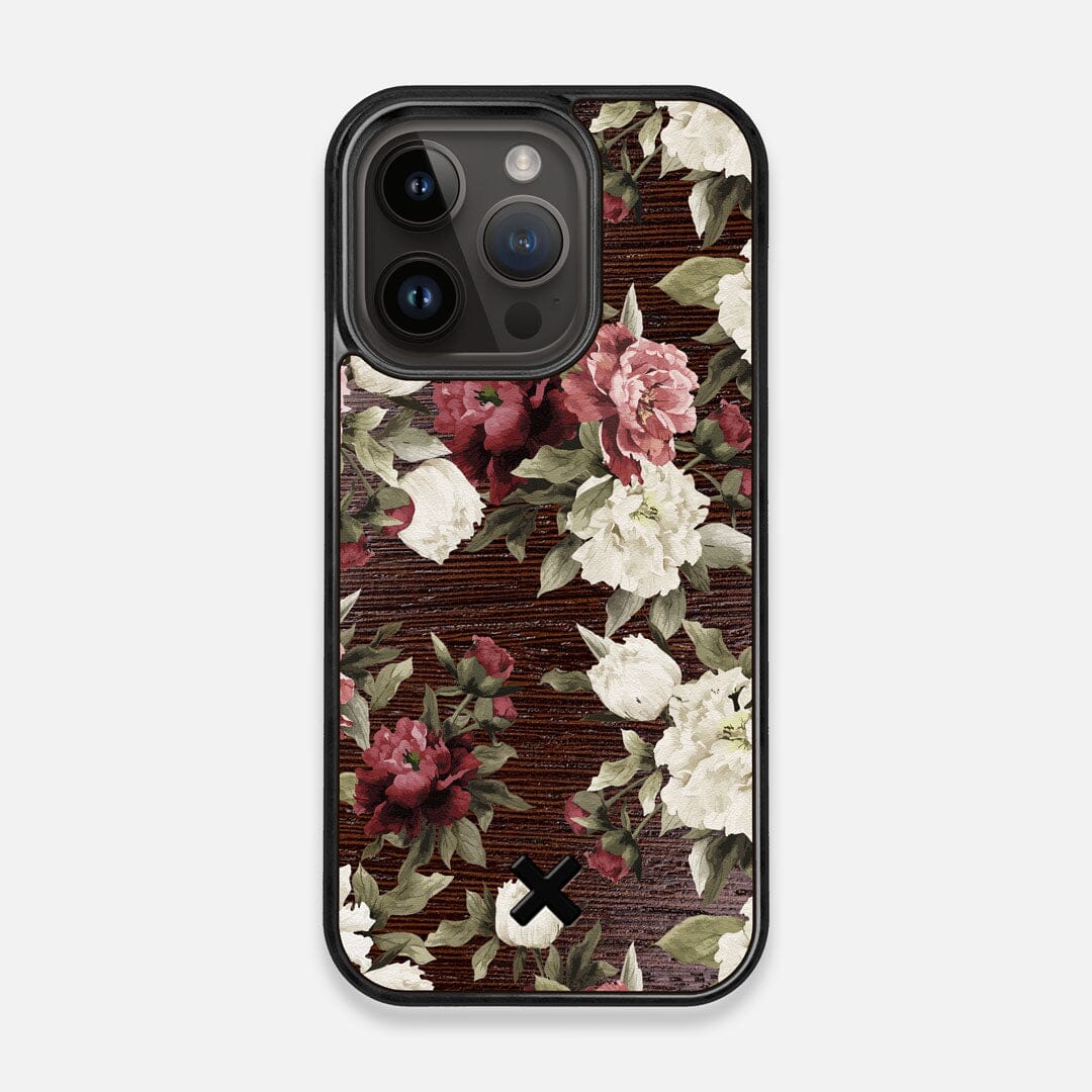 Front view of the Rose white and red rose printed Wenge Wood iPhone 14 Pro MagSafe Case by Keyway Designs