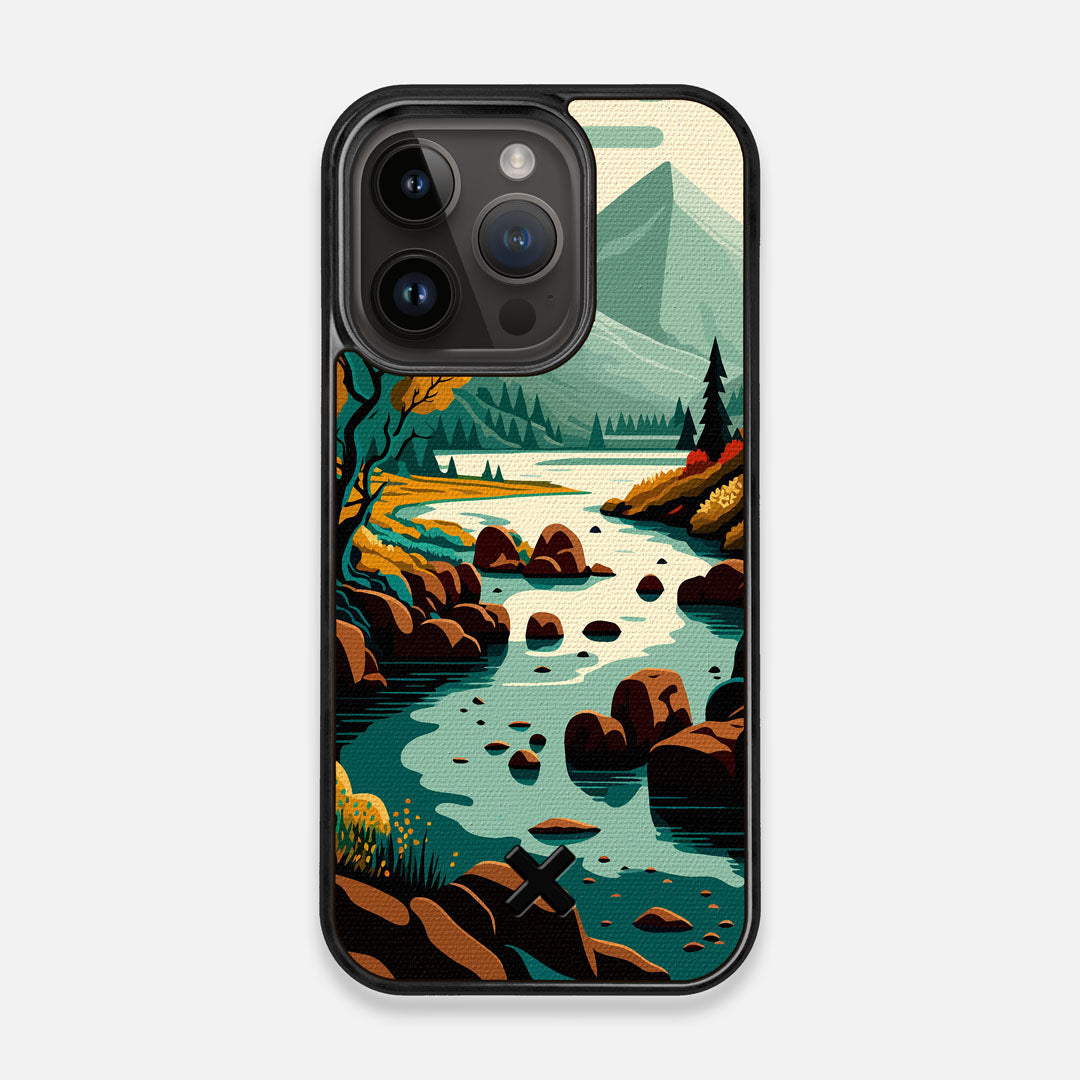 Front view of the stylized calm river flowing towards a lake at the base of the mountains printed to cotton canvas iPhone 14 Pro MagSafe Case by Keyway Designs