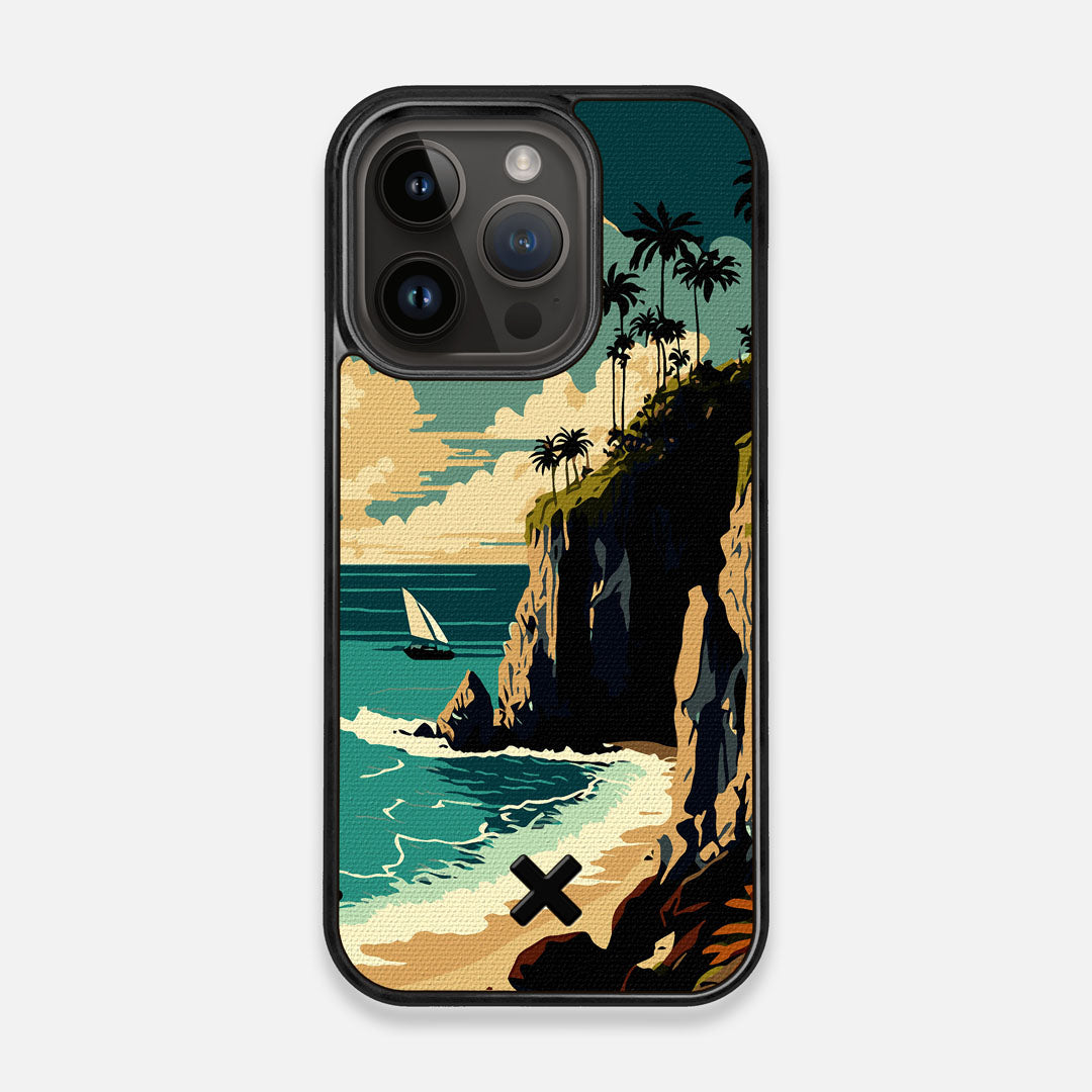 Front view of the stylized seaside bluff with the ocean waves crashing on the shore printed on cotton canvas iPhone 14 Pro MagSafe Case by Keyway Designs